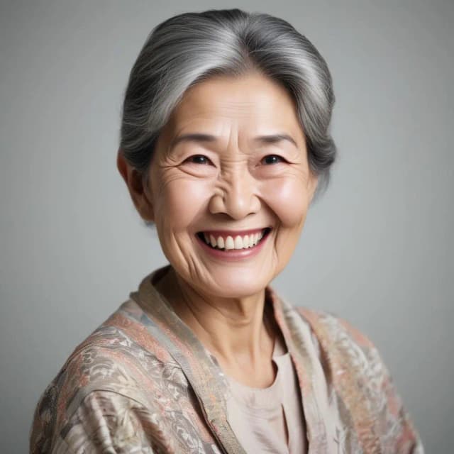 an asian old woman with happy expression